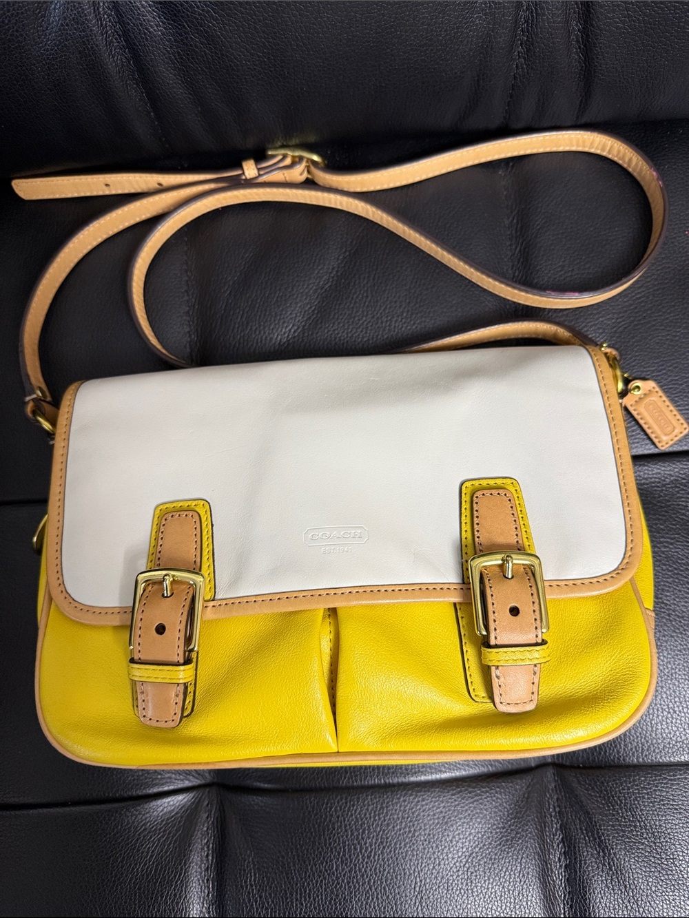 Coach White, Yellow and Tan Leather Crossbody Bag